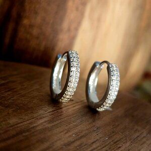 Sterling Silver Chunky Huggie Hoops with White Zirconias – Bold & Elegant ✨